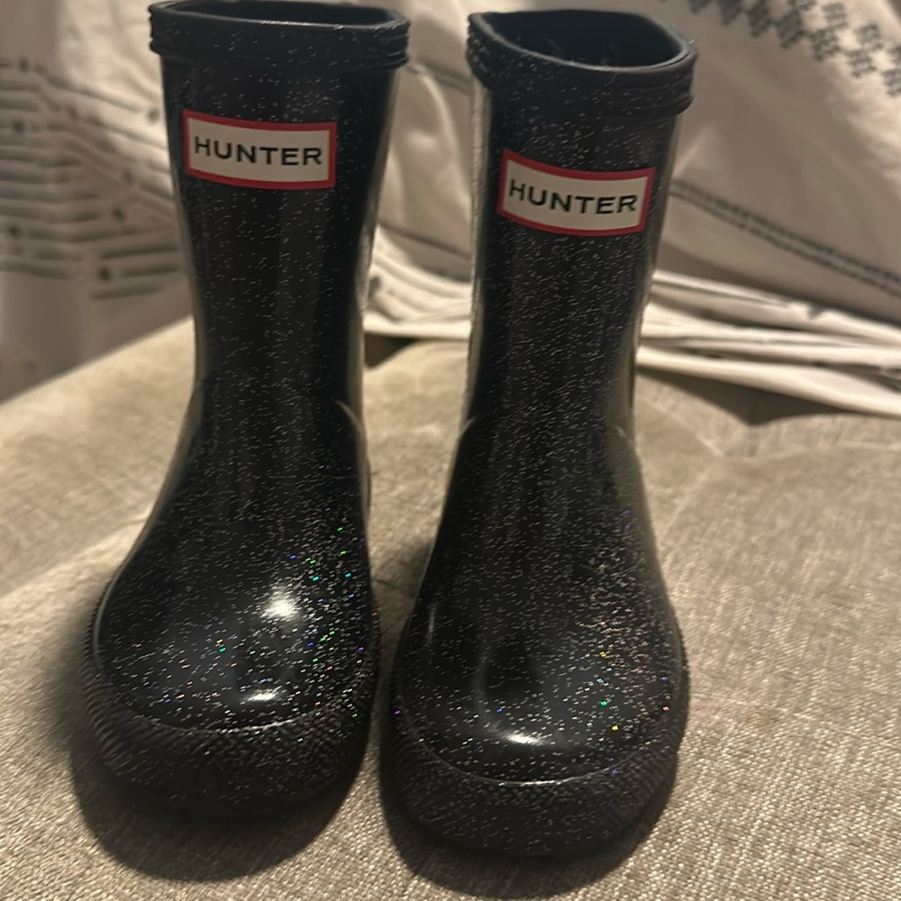 Hunter Little Kid Black Glitter Sparkle Rubber Rain Boots Size 5
